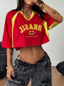 Coolane Women's Summer Brazil Rave Festival Streetwear Y2K Going Out Sportswear Brazil Graphics Patchwork Crop Tees - Red - View 4