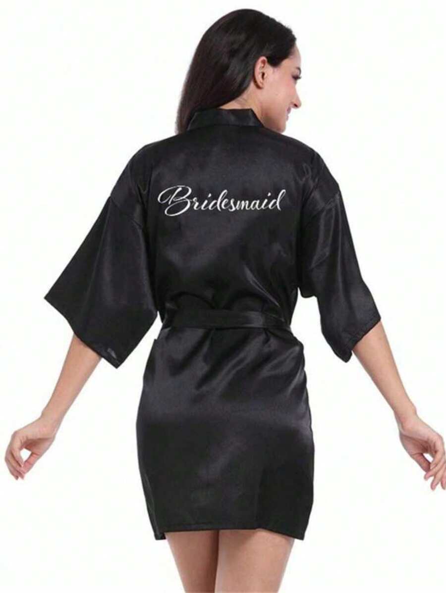SHEIN 1pc Wedding Decoration Printed Letters BRIDE Nightgown Bathrobe Wedding Engagement Honeymoon Travel Wife Gift Bachelorette Party Bridal Shower Bridesmaid Gift - Black - View 1