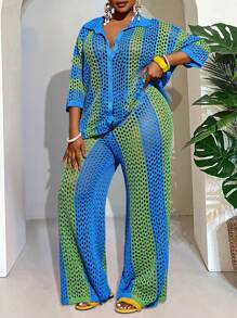 Slaydiva 大码2025新款时尚度假休闲镂空无领长袖开衫+阔腿裤蓝绿色针织两件套女毛衣套装 - 彩色 - 查看 9