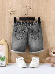 SHEIN Baby Boy Summer Casual Distressed Ripped Frayed Black Button Front Pockets Skinny Denim Shorts,Baby Spring/Summer Spring Break Daily Wear - Black - View 2