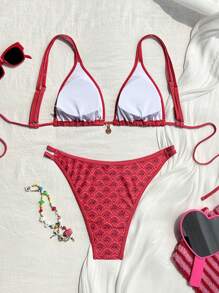 Swim Mod 2pcs/Set Women's New Adjustable Shoulder Strap Red Ditsy Floral Gold Disc Decor Sexy High Cut Side Vacation Bikini Set Set, Spring/Summer 2026