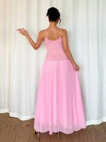 Chiquease Elegant Tight Sexy Mesh Fabric V-Neck Shrink Pleated Pink Spring And Fall Women's Dresses Flowy Dress - Pink - View 2