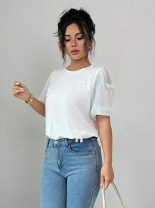 Elenzga Women's Solid Color Round Neck Short Sleeve T-Shirt With Bow Decoration, Summer - White - View 6