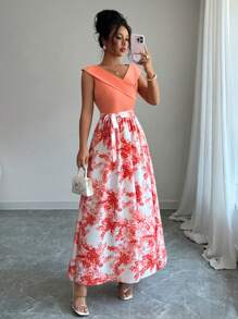 Elenzga Women's Elegant Contrast Color Waist Printed Dress