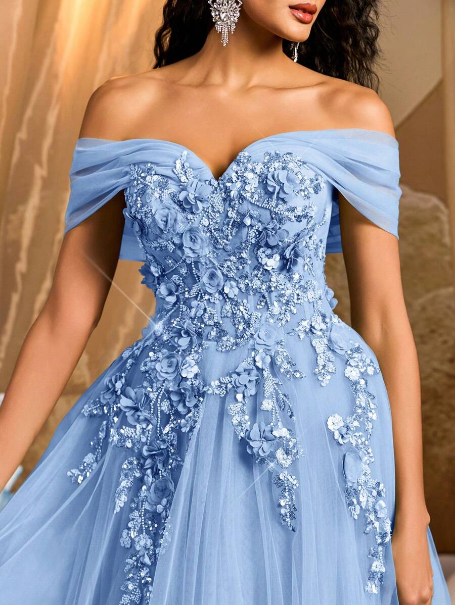 Glamrae Váy dài maxi bằng vải tuyn đính ren hoa 3D hở vai màu xanh lá cây sang trọng thanh lịch có độ xòe cực lớn, phù hợp cho đám cưới, tiệc tùng, sự kiện, tiệc chiêu đãi, lễ cưới (được tô điểm nhiều) - Màu xanh lam - Xem 1