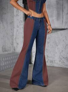 Jeanoix Damen Jeans & Wildleder Patchwork Hosen mit ultratiefer Taille und Weitung - Verschiedenfarbig - Übersicht 4