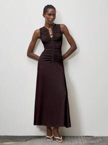 Lumivelle Váy dài xếp ly không tay khoét sâu đính hạt cho nữ, tôn dáng, Xuân/Hè - Cà phê - Xem 6