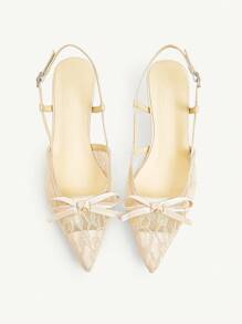 CUCCOO CHICEST 女士香槟色缎面网眼拼接蝴蝶结装饰法式小猫高跟鞋尖头浪漫派对婚礼礼服高跟鞋