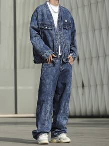 Manfinity EMRG 大码男士水洗牛仔夹克和牛仔裤套装，秋季服装 - 深色水洗藍 - 查看 3