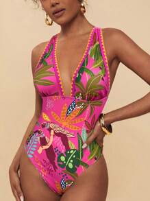 Travachic 女士热带植物印花低胸连体泳衣