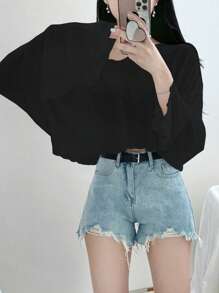 DAZY 女士纯色宽松 V 领短款 T 恤，春夏长袖女上衣，秋季女装