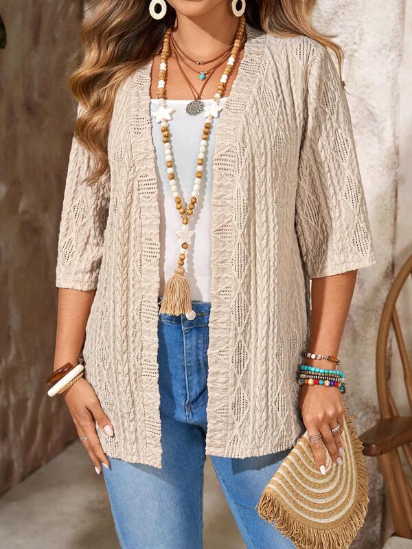 EMERY ROSE Plus Size Women Textured Geometric Pattern 3/4 Sleeve Casual Jacket,Summer Outfits For Women,Vacation Outfits  For Women,Holiday Outfits Boho,Autumn,Fall Women's Clothes,Fall Clothes
