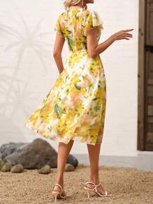 SHEIN Clasi 女士浪漫优雅V领雪纺花卉印花连衣裙 - 黃色 - 查看 3