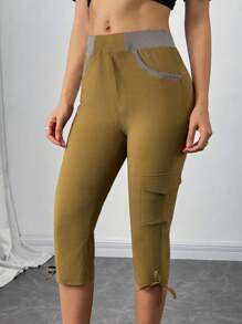 EMERY ROSE Women's Contrast Color Pockets Lace Up Bowknot Casual Versatile 7/8 Length Pants