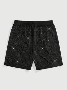 ROMWE MEN Street Life Bermudas de verano para hombre con cintura con cordón y diamantes de imitación - Negro - Ver 2