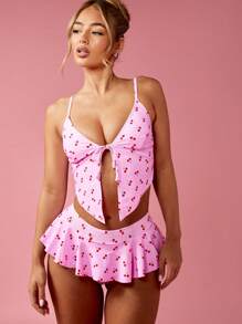 MISSGUIDED Bottom de bikini fruncida con estampado de cereza dulce, falda con volantes para playa y natación, traje de baño de vacaciones de verano, ropa de playa hawaiana