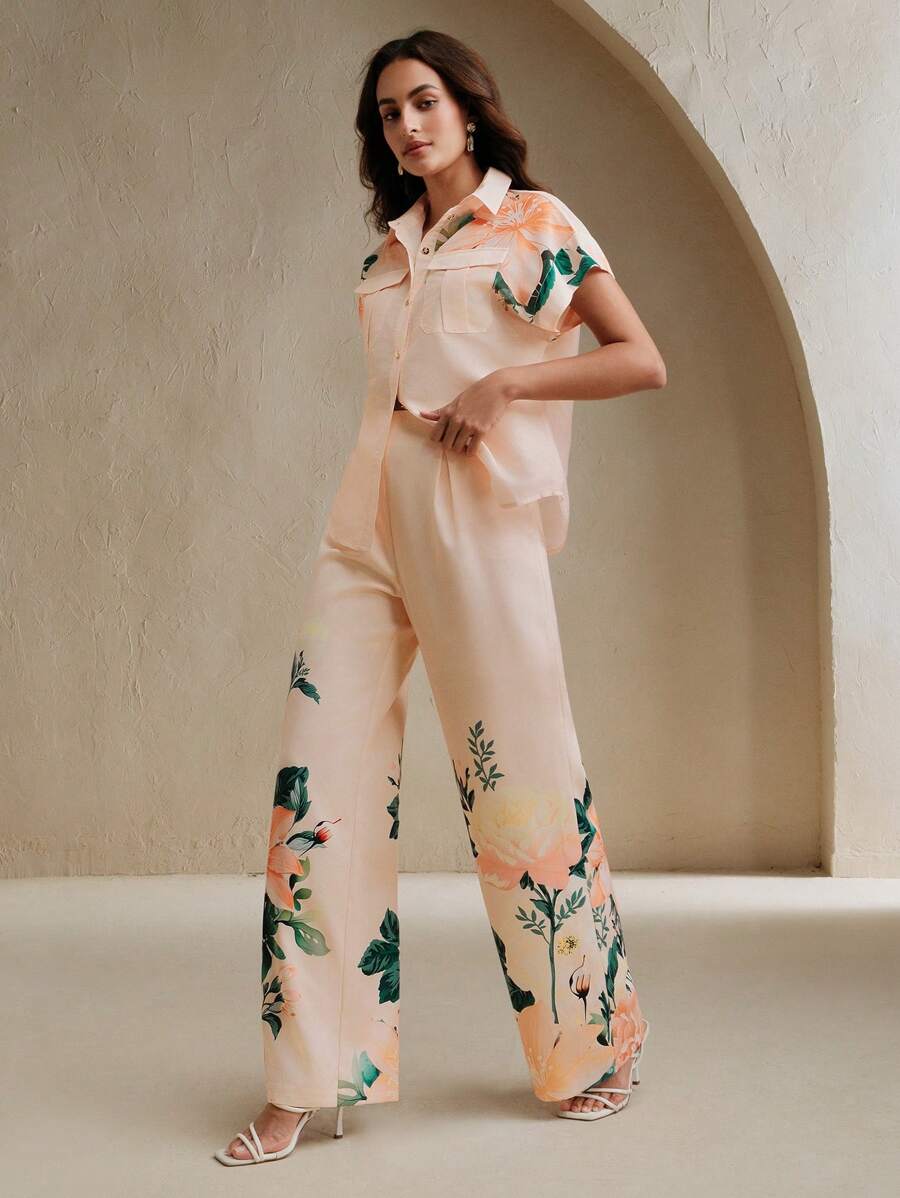 Anewsta Bộ 2 áo sơ mi tay ngắn họa tiết hoa thường ngày cho nữ và quần - Nhiều màu - Xem 1