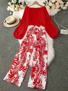 Women's Vacation Casual Solid Color Lantern Sleeve Shirt & Tropical Print Pants 2 Pieces Set Fall Cloth For Women - Red - View 2