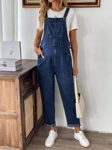SHEIN Maternity Blue Simple Everyday Denim Cuff Overalls - Dark Wash - View 3