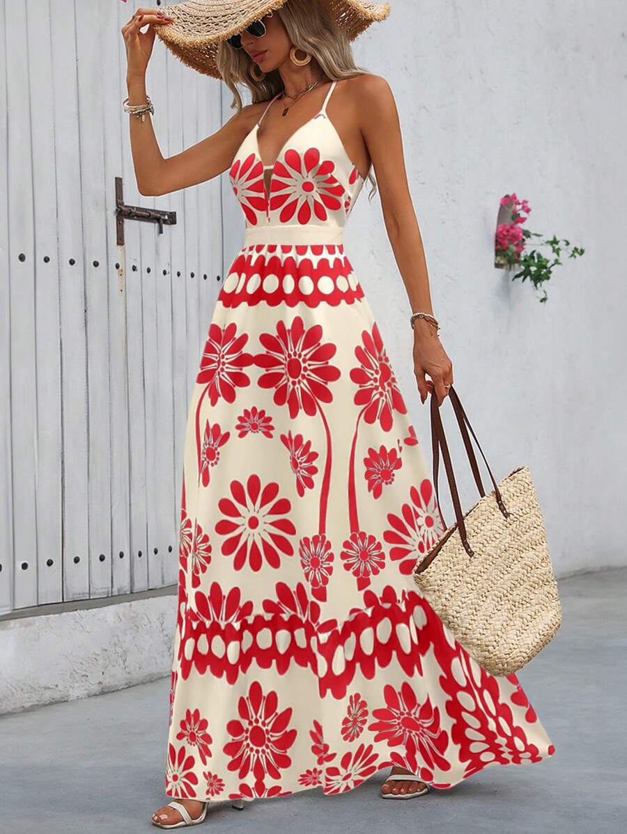 Breezaya Women's Vacation Casual Criss-Cross Backless A-Line Full Print Dress, Spring/Summer Women Summer Clothing