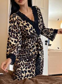 SHEIN Leopard Print Contrast Lace V-Neck Women's Robe, Fall, Winter - Multicolor - View 3
