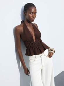 Maija Women's Sexy Solid Color Backless Halter Neck Top, Summer Brown Halter Top Deep V Neck Top Chocolate Brown Top Ruched Top Dark Brown Top,Autumn Outfits For Women, Christmas Women's Clothing