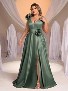 Glamrae Saia plus size elegante e luxuosa de cetim com decote em V, plissada, decoração floral 3D, fenda alta, corte A, adequada para casamentos, festas, formaturas, feriados, eventos formais (trabalho pesado)