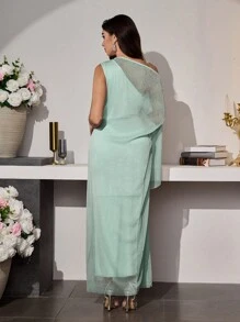 Modelyn Vestido elegante de mujer con unicolor, cuello asimétrico, manga con abertura y drapeado - verde menta - Ver 2