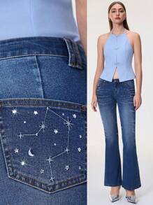 Selenza 女款 Zodiac 系列天秤座图案优雅通勤喇叭牛仔裤，采用银色刺绣精制牛仔布，水钻细节，星空图案，治愈、富有同情心、浪漫、聪明 - 藍色 - 查看 8