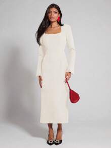 COSMINA 女式黑色高腰喇叭袖开衩中长连衣裙，秋冬款 - 白色 - 查看 3