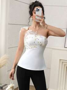Modelyn Women's Summer Elegant Flower Embroidery Mesh Patchwork Blouse