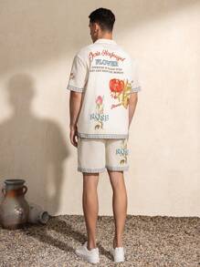 SHEIN Touch of Art Men's Summer Casual Vacation Artistic Tactile Painting & Letter Graphic Lapel Collar Short Sleeve Shirt - Apricot - View 5