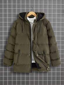 SHEIN Cottnline Men Fur Lining Warm Patched Hooded Regular Wintercoat - Army Green - View 2
