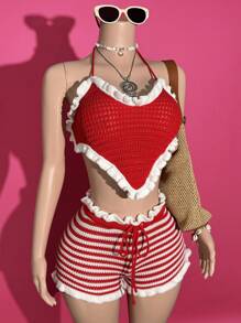 Slaydiva Women's Summer Red And White Stripe 2-Piece Knitted Set,Heart Shape Pendant Halter Top & Plaid Shorts,Casual Beach Vacation,Holiday Music Festival - Red - View 7