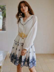 MOTF PREMIUM 刺绣褶饰撞色边连衣裙 - 白色 - 查看 6