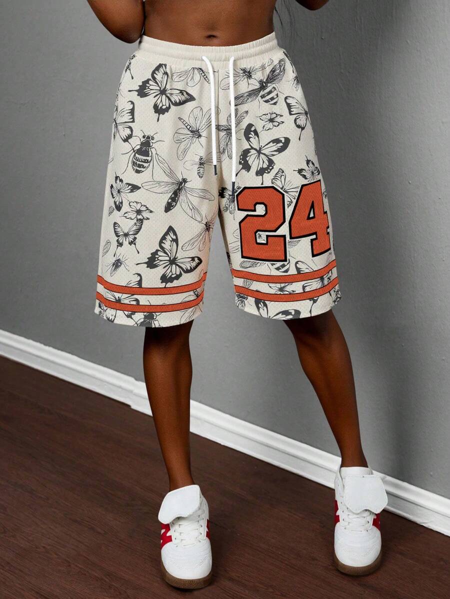 Slaydiva 2025 Spring/Summer Casual & Simple Women Sports Mesh Shorts With Number 24, Insect Butterfly Floral Print, Suitable For Sports, Summer Basketball Shorts,Bohemian Clothes