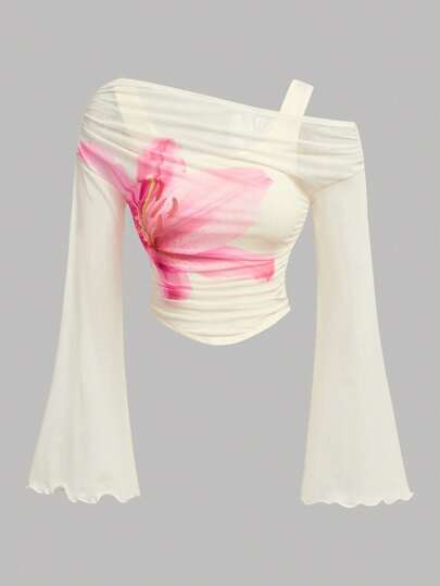 SHEIN Girlism 青少年女孩休闲度假优雅修身网眼花卉印花奶油色 T 恤，适合派对、休闲和户外，适合母女套装