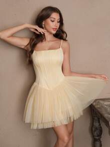 SHEIN Unity 夏季优雅纯色网眼拼接无袖连衣裙 - 黃色 - 查看 3