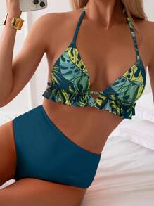 Swim Vcay 女式印花三角形比基尼上衣和纯色高腰泳裤套装 - 水鴨藍 - 查看 3