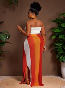 Veslaya 欧美风性感露脐针织衫搭配撞色罗纹修身长裙两件套，夏季长裙套装，条纹裙套装，度假装，女士裙装套装，曲线裙套装 - 彩色 - 查看 4