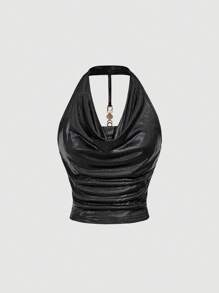 SHEIN MOD Áo kiểu cổ tròn thanh lịch đính sequin lấp lánh dành cho nữ, thích hợp cho các lễ hội âm nhạc. - màu đen - Xem 1