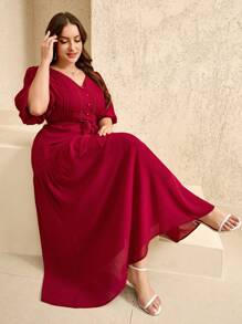 Veilorie Plus Size V-Neck Short Sleeve Casual Waist Cinched Summer Dress - Burgundy - View 5