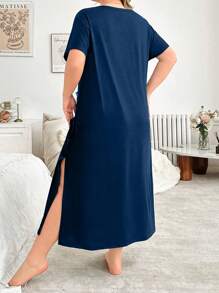 SHEIN Váy Maxi rộng rãi, tay ngắn, họa tiết da báo, màu sắc rực rỡ, mặc ở nhà, cổ chữ V, cỡ lớn - Màu xanh hải quân - Xem 2