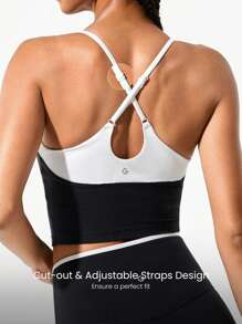 GLOWMODE FeatherFit™ Energizer Slim Fit Color Contrast Crossover Straps Low Neckline Cropped Active Tank Yoga Pilates Spring - Black and White - View 4