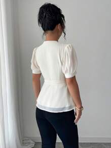 Elenzga Áo cánh thường ngày tay ngắn cổ tròn tay bồng thắt nơ trang trí viền chữ A thanh lịch cho nữ, mùa xuân/hè - Màu be - Xem 2