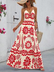 Breezaya Women's Vacation Casual Criss-Cross Backless A-Line Full Print Dress, Spring/Summer Women Summer Clothing