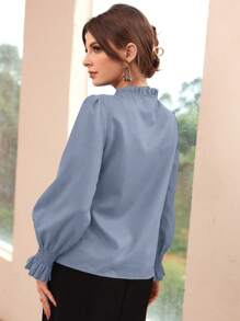 Seusyu Burgundy Red Women's Casual Solid Color Ruffled Sleeve Blouse, Spring And Autumn Fall Cloth For Women - Blue - View 2