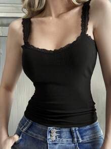 Livesso 女式秋季新款时尚撞色蕾丝修身吊带背心 - 黑色 - 查看 4