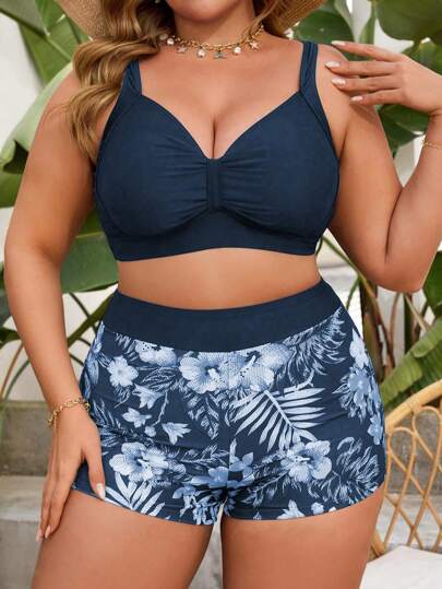 Swim Lushoire Plus Size 2 Pieces Set Women Camisole V-Neck Gather Drawstring Solid Color Boxer Shorts Swimsuit, Suitable For Pool, Beach, Vacation For Summer