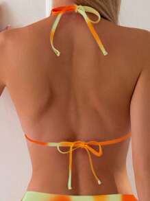 SHEIN Swim 女士夏季沙滩扎染露背性感比基尼两件套泳衣套装 - 橘色 - 查看 5